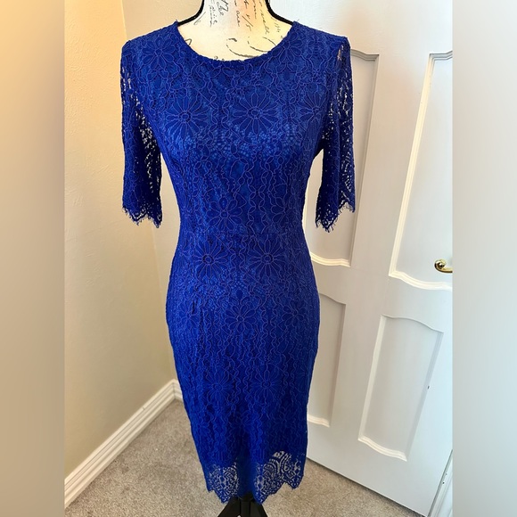 Merokeety Blue Lace Fitted Pencil Cocktail Dress,  Size S NWT - Picture 2 of 8